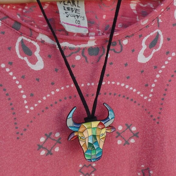 HTC Mosaic Bull Head Necklace Metal/Enamel with Adjustable Leather Tie - Picture 2 of 6